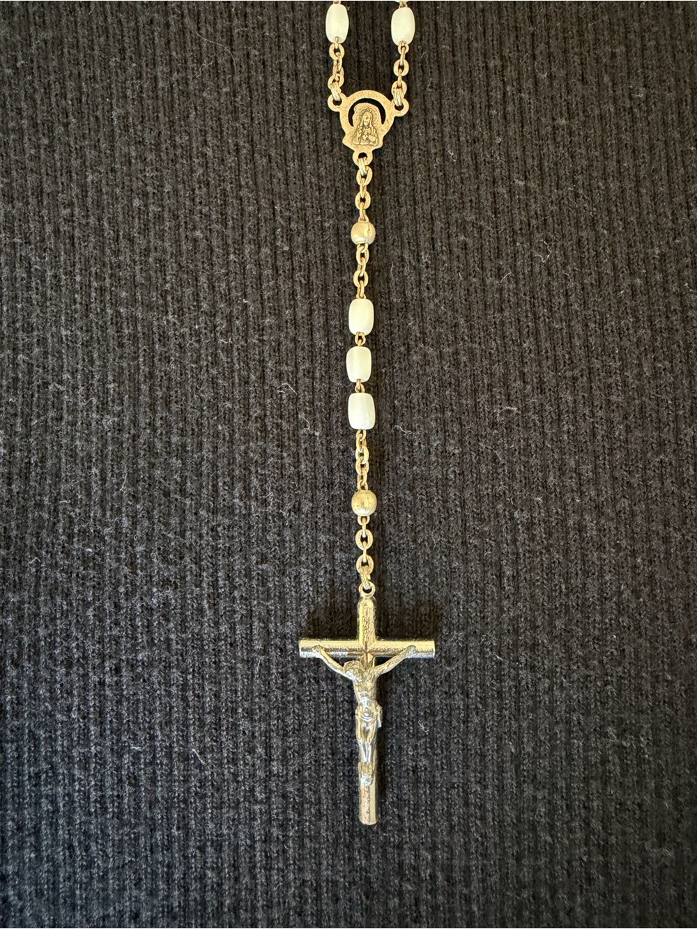 Gold Tone Crucifix Rosary Necklace with Cream Beads